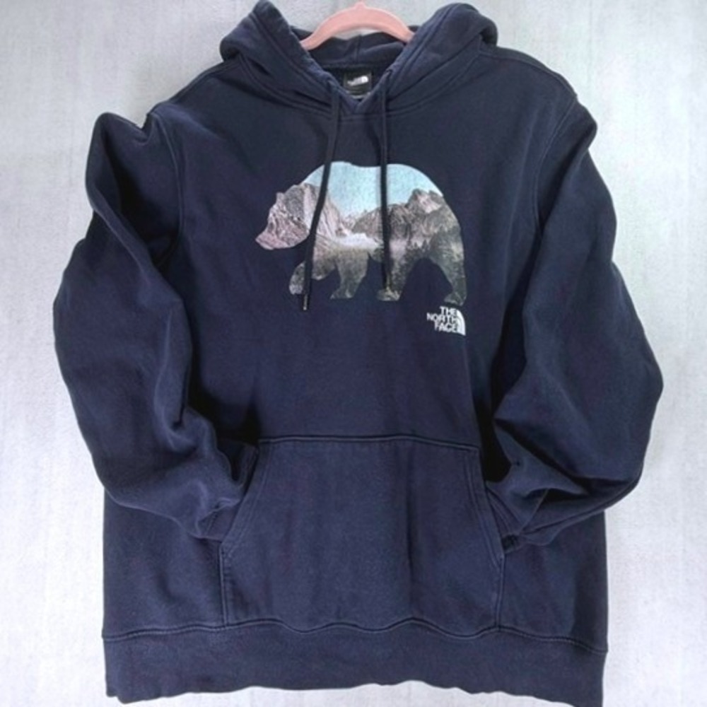 The North Face Hoodie Mens XL Navy Blue Bear Mountain Landscape Graphic Pullover